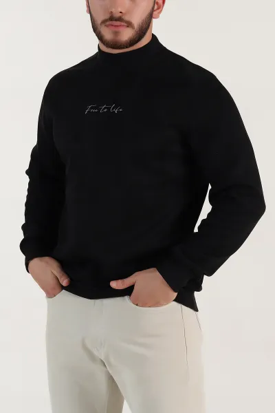 Siyah Yazı Detaylı Bisiklet Yaka Erkek Sweatshirt 396973
