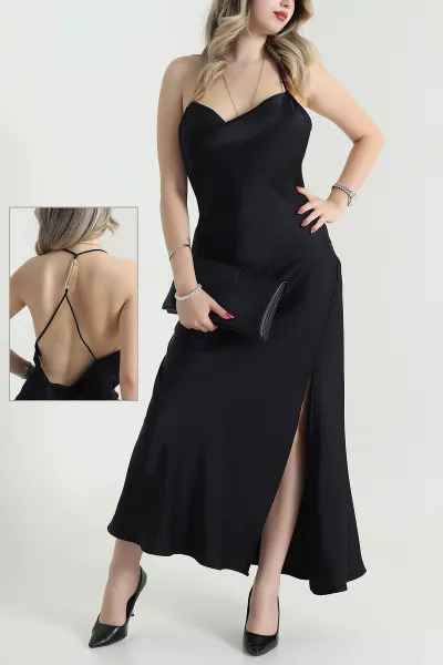 Siyah Yeni Sezon Askılı Saten Kadın Elbise 476952