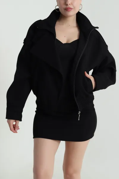 Siyah Yeni Sezon Biker Kaşe Kadın Mont 484490