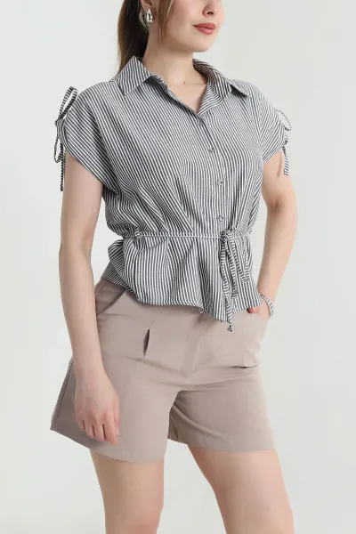 Siyah Yeni Sezon Çizgili Terikoton Kadın Gömlek 466147