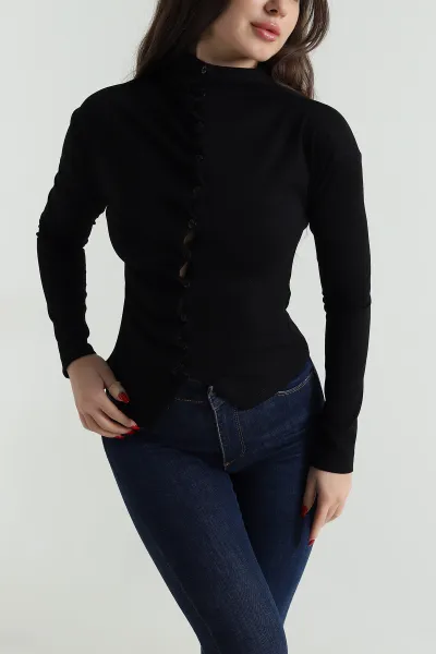 Siyah Yeni Sezon Düğmeli Modal Kadın Bluz 496272