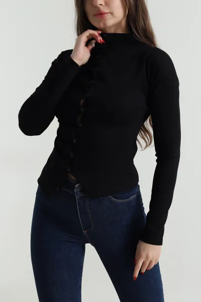 Siyah Yeni Sezon Düğmeli Modal Kadın Bluz 496272