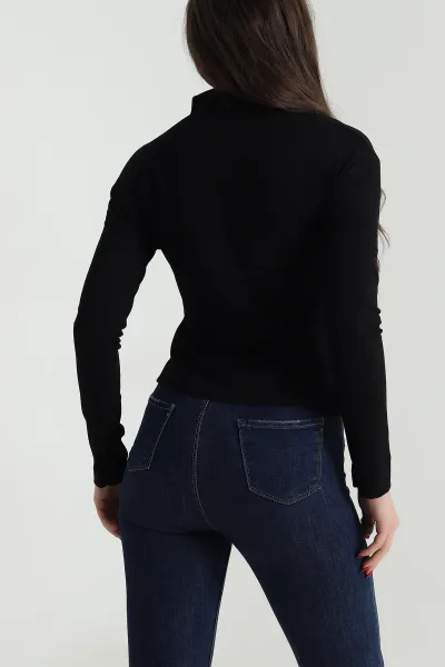 Siyah Yeni Sezon Düğmeli Modal Kadın Bluz 496272