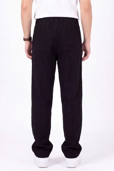 Siyah Yeni Sezon Keten Baggy Belden Bağlamalı Erkek Pantolon 471911