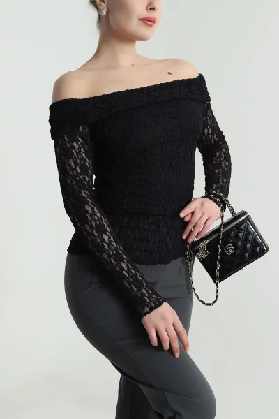 Siyah Yeni Sezon Madonna Yaka Kadın Bluz 493108