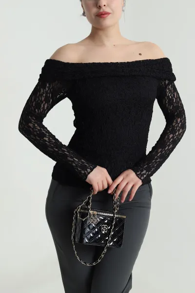 Siyah Yeni Sezon Madonna Yaka Kadın Bluz 493108