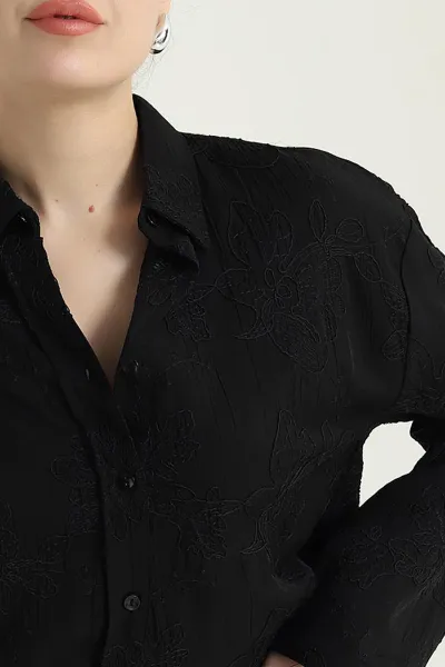Siyah Yeni Sezon Nakış İşlemeli Kadın Gömlek 438449