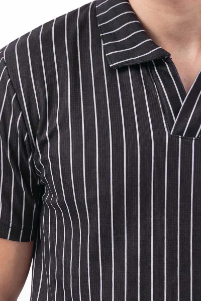 Siyah Yeni Sezon Polo Yaka Çizgi Detaylı Erkek Tişört 471965