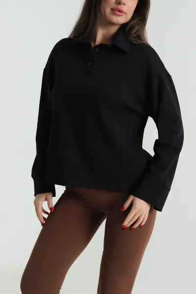 Siyah Yeni Sezon Polo Yaka Kadın Sweat 492449