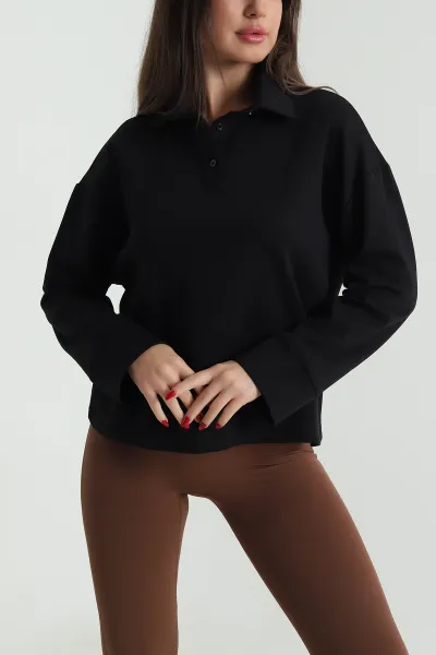 Siyah Yeni Sezon Polo Yaka Kadın Sweat 492449
