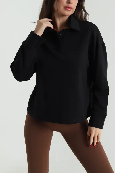 Siyah Yeni Sezon Polo Yaka Kadın Sweat 492449