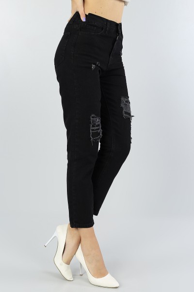 Siyah Yırtık Pençli Bayan Mom Kot Pantolon 52354