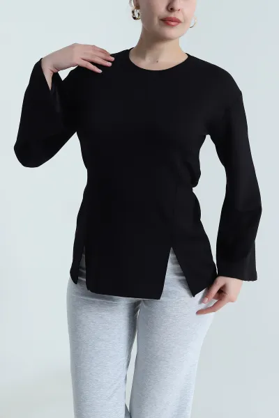 Siyah Yırtmaçlı Bağlamalı Modal Kadın Bluz 493707