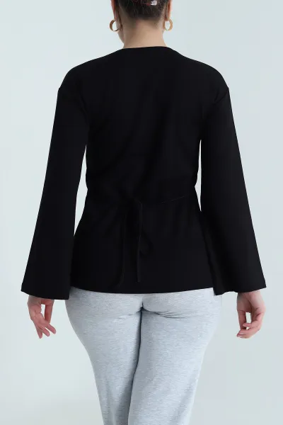 Siyah Yırtmaçlı Bağlamalı Modal Kadın Bluz 493707