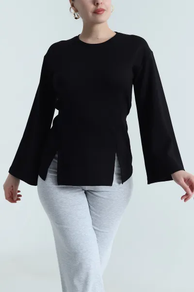 Siyah Yırtmaçlı Bağlamalı Modal Kadın Bluz 493707