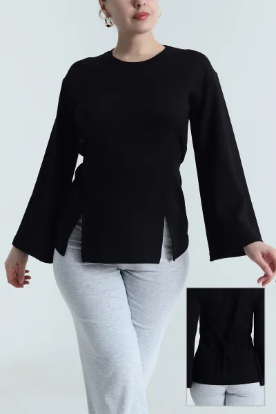 Siyah Yırtmaçlı Bağlamalı Modal Kadın Bluz 493707