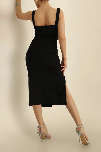 Siyah Yırtmaçlı Sandy Kumaş Elbise 256300