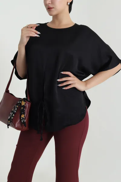 Siyah Yırtmaçlı Saten Kadın Bluz 481246