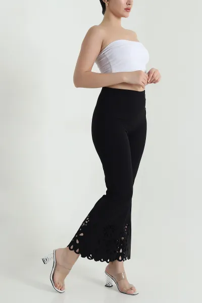 Siyah Yüksek Bel Lazer Çiçek Kesim Krep Pantolon 471007