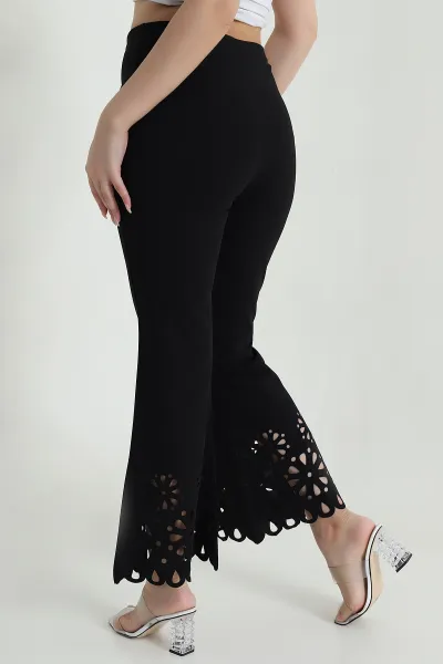 Siyah Yüksek Bel Lazer Çiçek Kesim Krep Pantolon 471007