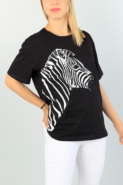 Siyah Zebra Baskılı Bayan Tişört 67507