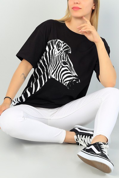 Siyah Zebra Baskılı Bayan Tişört 67507