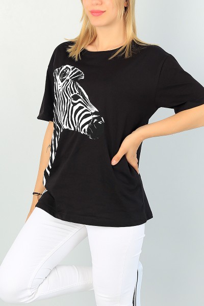 Siyah Zebra Baskılı Bayan Tişört 67507