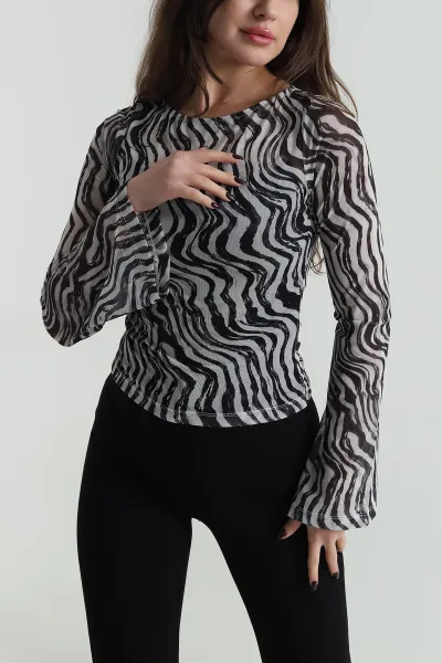 Siyah Zebra Desen Kadın Tül Bluz 499913