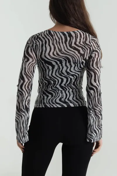 Siyah Zebra Desen Kadın Tül Bluz 499913