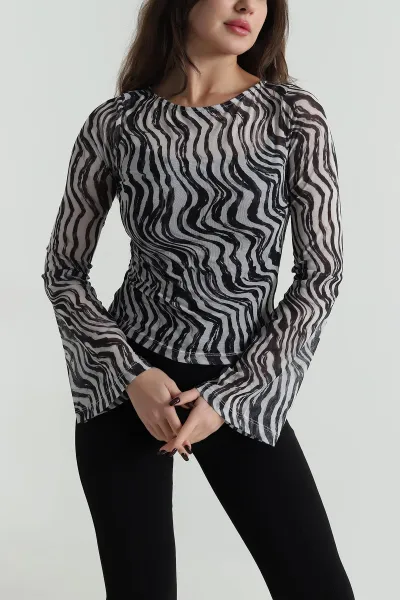 Siyah Zebra Desen Kadın Tül Bluz 499913