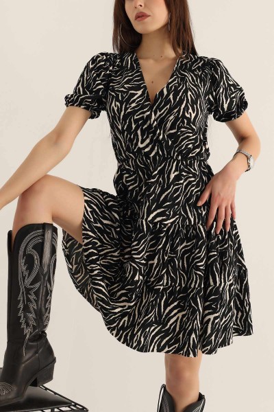 Siyah Zebra Desen Krinkıl Elbise 173294