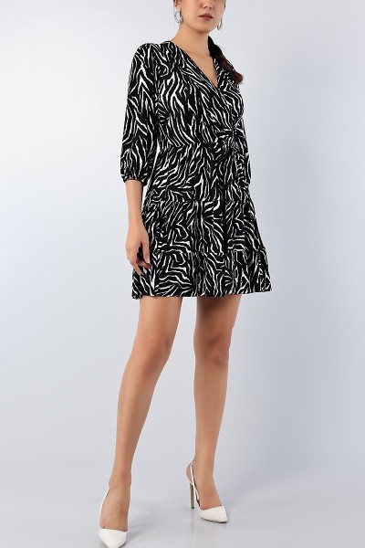Siyah Zebra Desenli Pileli Elbise 78181