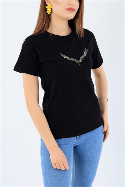 Siyah Zeytin Dalı Nakışlı Bayan Tişört 27435B