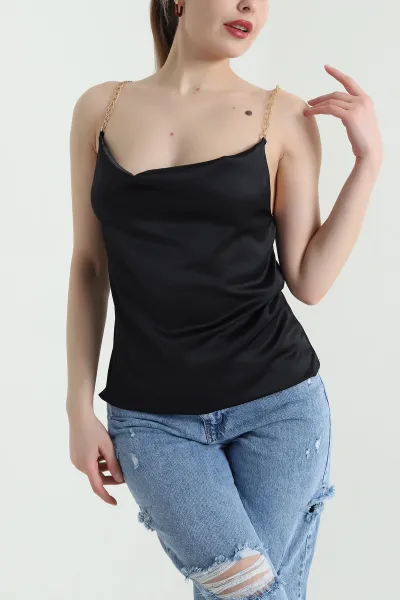Siyah Zincir Askılı Kadın Saten Bluz 443534