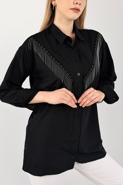 Siyah Zincir Tasarım Bayan Dokuma Gömlek 104400