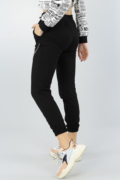 Siyah Zincir Tasarımlı Bayan Eşofman Altı 53371