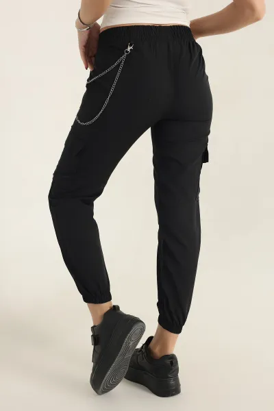 Siyah Zincirli Kargo Cep Bayan Jogger Keten Pantolon 337685