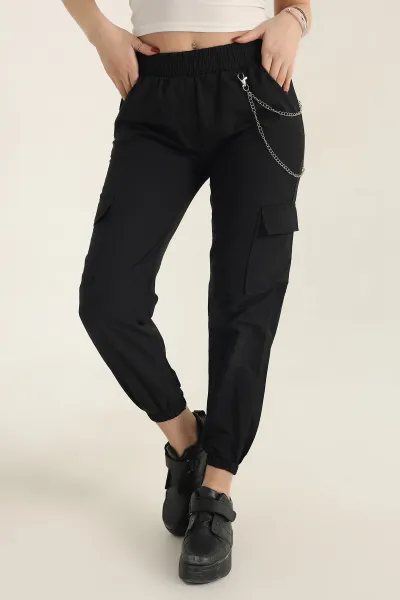 Siyah Zincirli Kargo Cep Bayan Jogger Keten Pantolon 337685
