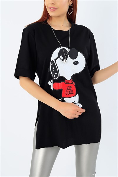 Snoopy Baskılı Siyah Bayan Tişört 32280