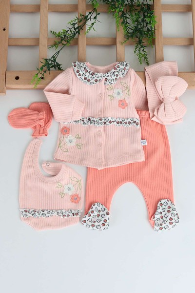Somon (0-3 Ay) Çiçek Nakışlı Yaka Detaylı 5'li Kız Bebe takım 210642