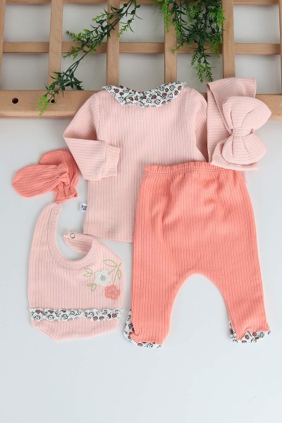 Somon (0-3 Ay) Çiçek Nakışlı Yaka Detaylı 5'li Kız Bebe takım 210642