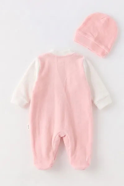 Somon (0-9 Ay) Kelebek Nakışlı Patikli Şapkalı Kadife Kız Bebek Tulum 497903