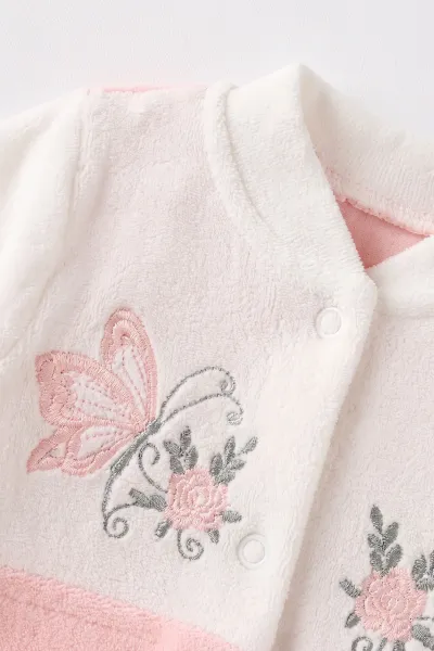 Somon (0-9 Ay) Kelebek Nakışlı Patikli Şapkalı Kadife Kız Bebek Tulum 497903