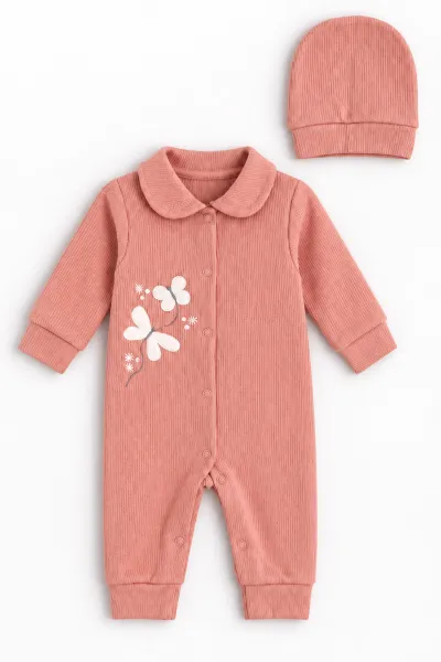 Somon (0-9 Ay)  Kelebek Nakışlı Waffle Kumaş Çıtçıtlı Şapkalı Kız Bebek Tulum 486992