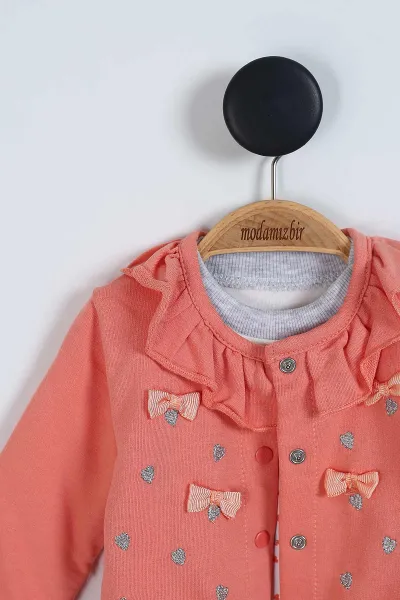 Somon (1-12 Ay) Kalp Baskılı Fırfırlı Hırkalı  Kız Bebek  Takım 340773