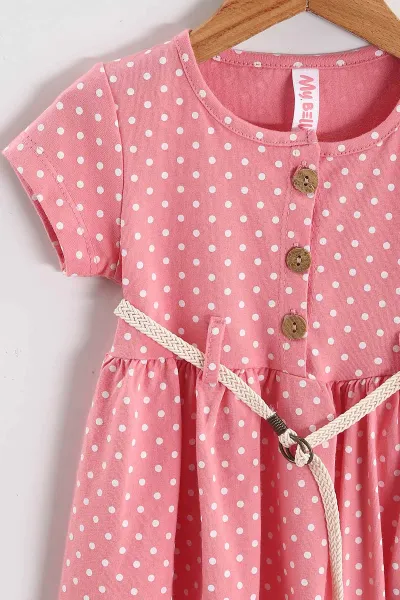 Somon (1-5 Yaş) Puantiye Desenli Kemerli Kız Çocuk Penye Elbise 438990