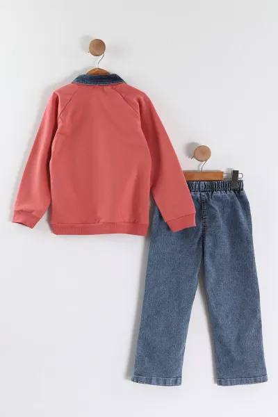 Somon (1-9 Yaş) Sweet 21 Baskılı Gömlek Yaka Kot Pantolonlu Kız Çocuk 2'li Takım 441591