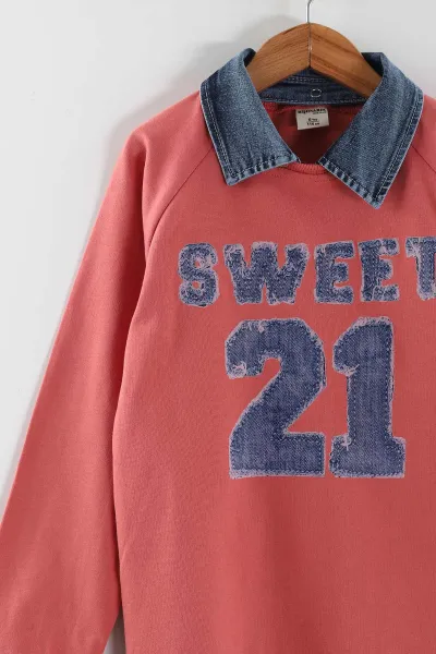 Somon (1-9 Yaş) Sweet 21 Baskılı Gömlek Yaka Kot Pantolonlu Kız Çocuk 2'li Takım 441591