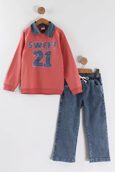 Somon (1-9 Yaş) Sweet 21 Baskılı Gömlek Yaka Kot Pantolonlu Kız Çocuk 2'li Takım 441591