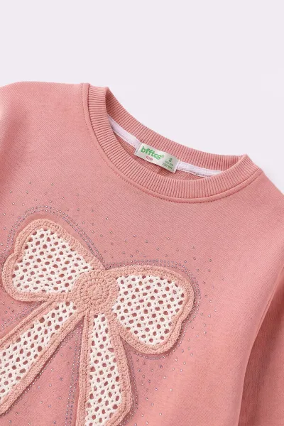 Somon (2-12 Yaş) Fiyonk Nakışlı Taşlı  İçi Şardonlu Kız Çocuk Sweatshirt 483282